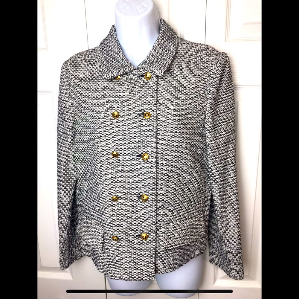 Vtg CASTLEBERRY Blazer Jacket Coat Tweed Black Ivory Cream Marled Knit NY London